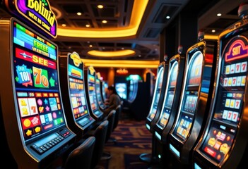 Naklejka premium Colorful Slot Machines in a Vibrant Casino Setting