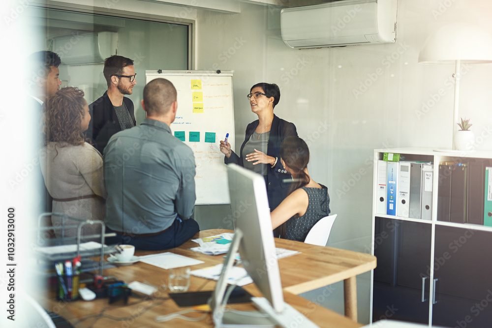 Aufkleber Business people, whiteboard and presentation in office on web development, update plan and project. Staff, collaboration and ideas for programming in meeting, workshop and solution for coding cpu