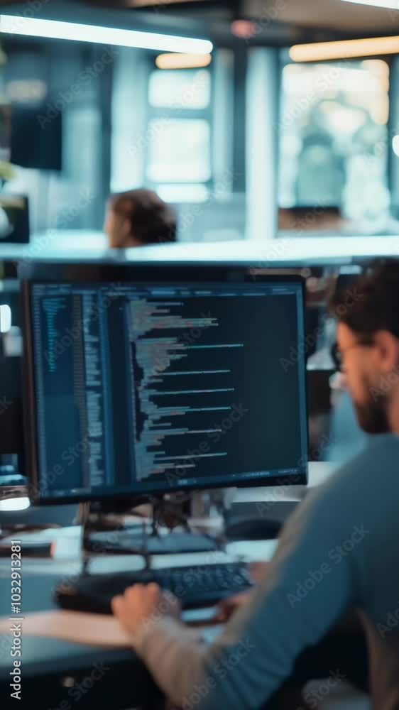 Poster Software developer is working late, writing code on his computer in the office. The office is modern and has a lot of natural light