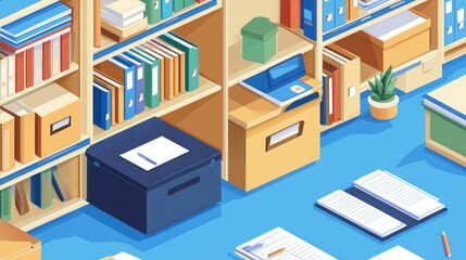 Fototapeta premium An isometric illustration of an office with shelves full of books and folders, a printer, a plant, and some papers on the floor.