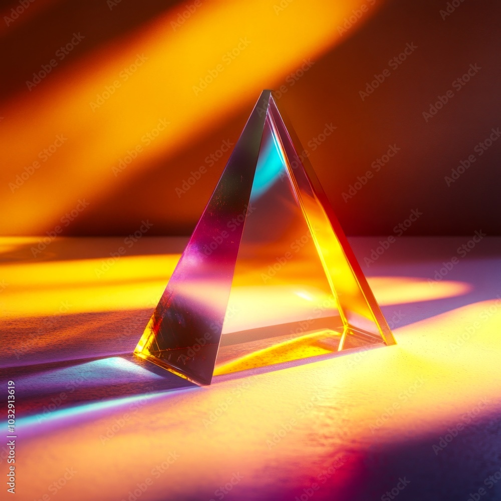 Poster A stunning glass prism with vibrant light reflections. This artistic piece creates colorful patterns. Ideal for modern decor or artistic photography. Capture its unique beauty. AI