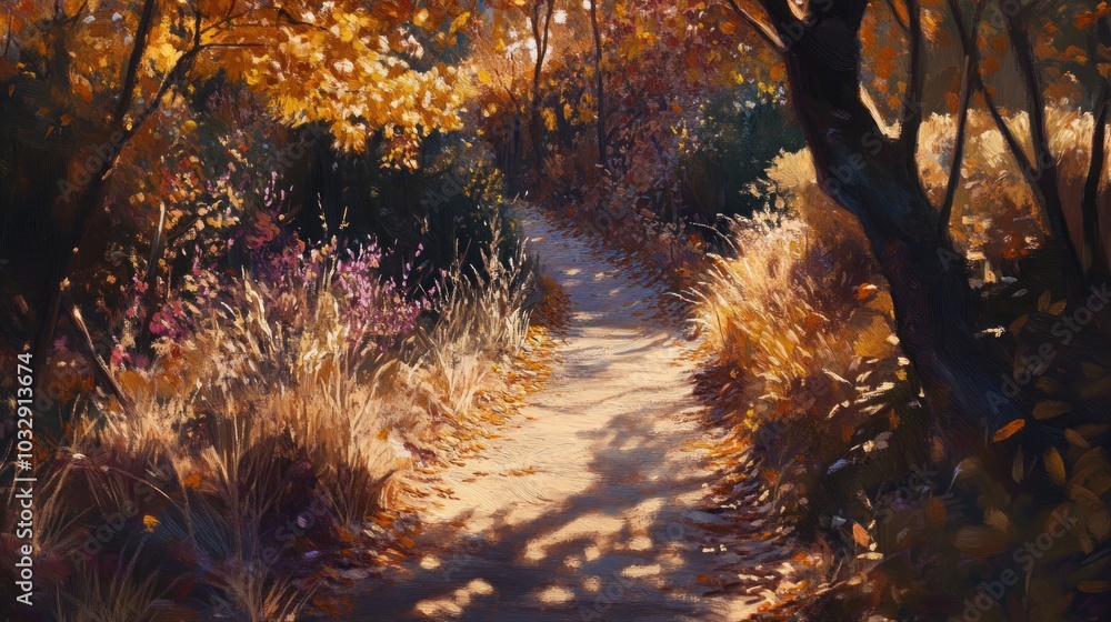 Poster a sunlit path winds through a forest with fall foliage, creating a warm and inviting atmosphere.