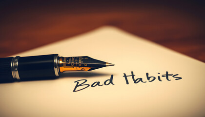 Retro effect and toned image of a fountain pen on a notebook. Handwritten text Break Bad Habits isolated with white highlights, png