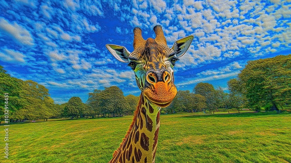 Poster a giraffe with a friendly expression looks directly at the camera in a grassy field against a bright