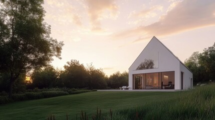 A white house with a large glass window