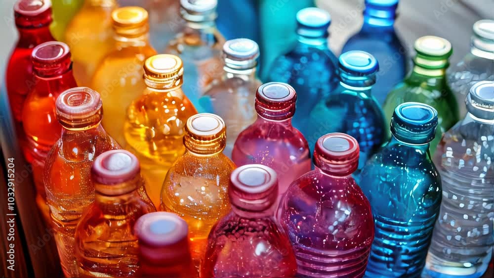 Poster a close-up view of colorful soda bottles in a row on a shelf. the background is blurred, highlightin