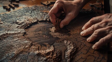 Close-up of a man's hands working on a challenging wooden jigsaw puzzle. The intricate design and rich brown tones make it a captivating image.