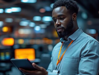 Fototapeta premium Focused Professional Using Tablet in a Modern Office Setting