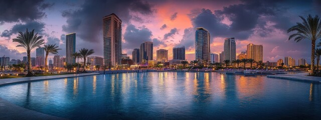 A cityscape reflected in a calm pool of water at sunset, with palm trees and a colorful sky.