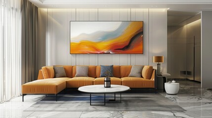 Modern living room interior with an orange sectional sofa, abstract artwork, and a marble coffee table.