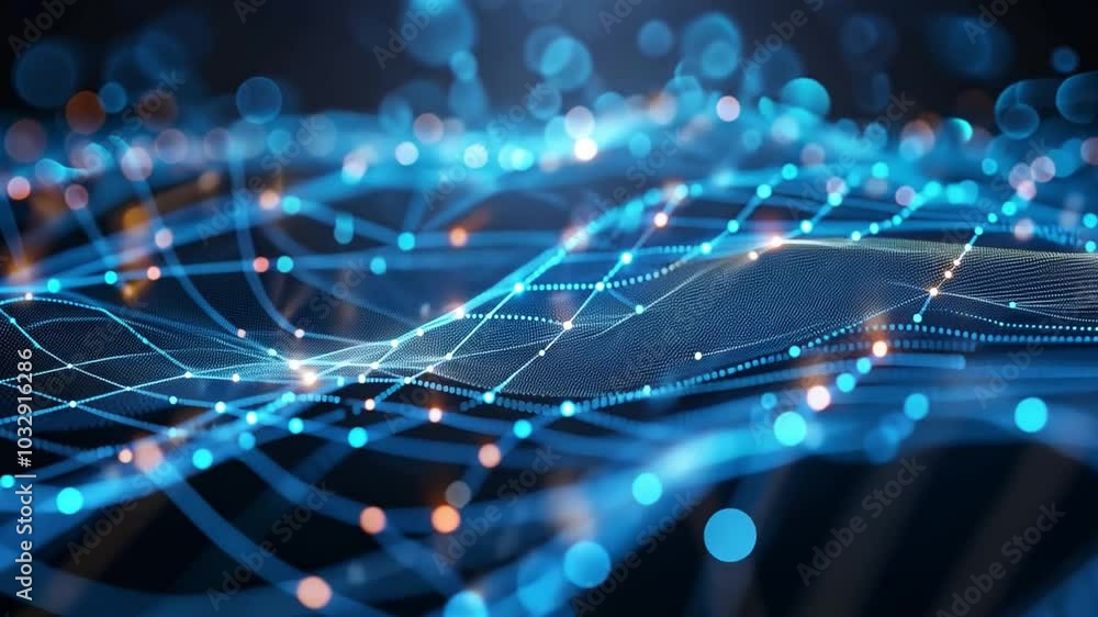 Aufkleber A dynamic visual showcases a network of glowing blue nodes linked by lines, symbolizing the flow of digital data in a virtual environment focused on technology and connectivity.