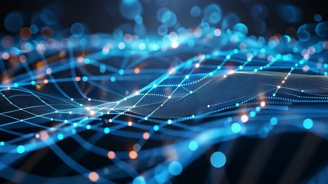 A dynamic visual showcases a network of glowing blue nodes linked by lines, symbolizing the flow of digital data in a virtual environment focused on technology and connectivity.
