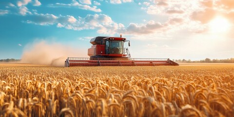 Obraz premium Modern Combine Harvester in Golden Wheat Field at Sunset