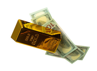 Gold Bar float in mid air with element bank note bill. Gold bar standard is bank reserve to finance economic wealth and money risk management. White background isolated