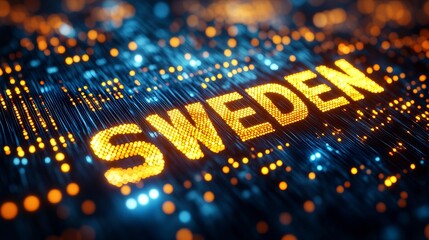 Text "SWEDEN" with yellow glowing letters and a digital futuristic led display background.