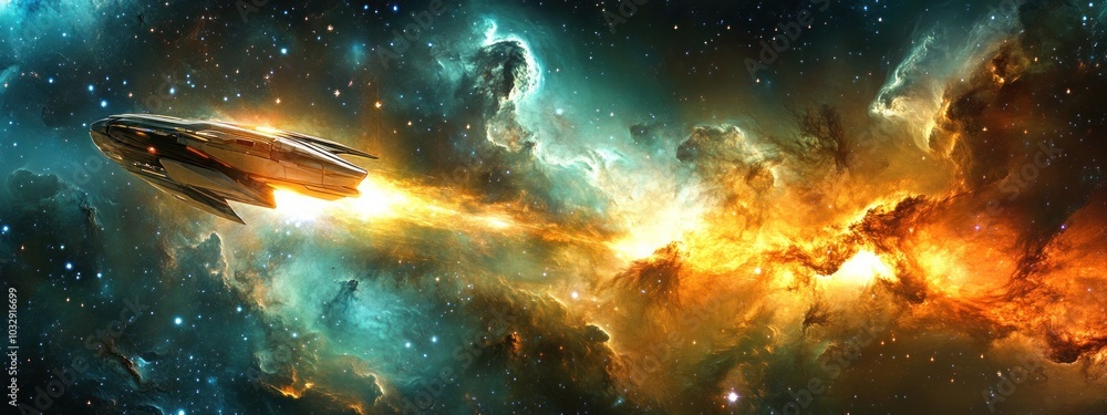 Poster A spaceship flies through a colorful nebula with stars in the background.