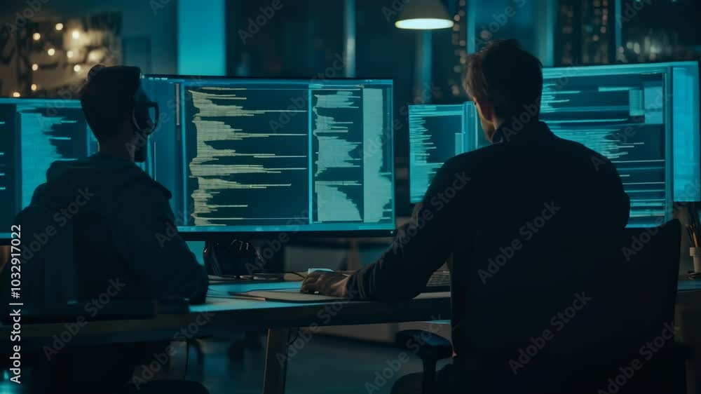 Leinwandbilder Two programmers focused on coding late at night in a dimly lit office. Illuminated by glowing monitors. Their teamwork and expertise evident as they tackle complex problems in it and web development