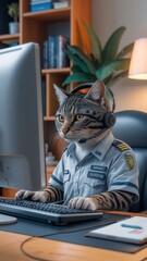 Cat wearing headphones and a uniform, sitting at a desk with computer in office setting