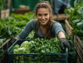 Obraz premium Woman Smiling While Harvesting Fresh Organic Vegetables
