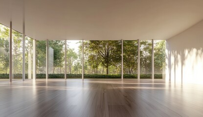 A large room with a lot of windows and a tree outside
