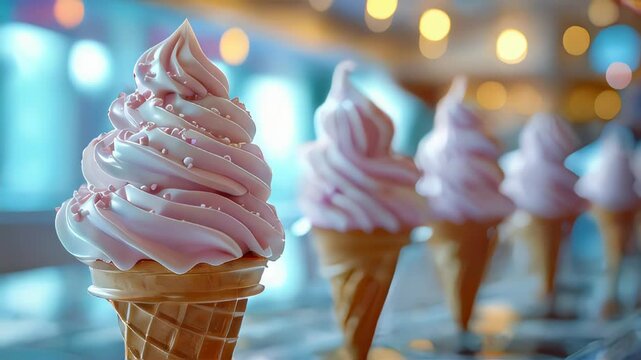 Delicious ice cream cones in a row with a blurred background of a dessert