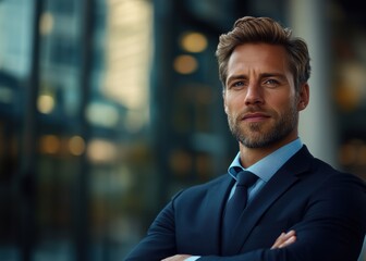 Fototapeta premium Confident Businessman in Blue Suit Standing Outside Office Building