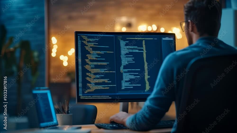 Poster Skilled software developer coding late at night in cozy home office, fully immersed in programming a new website. Dedicated professional embodies essence of remote work and freelance opportunities