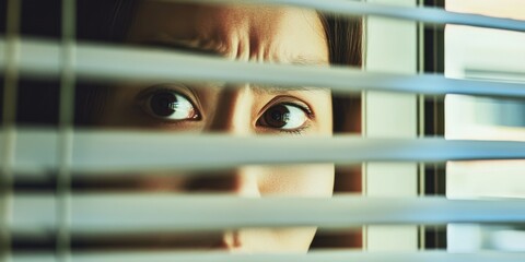 A person peeking through closed blinds, nervously looking outside