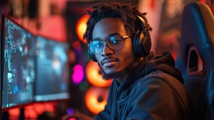 Obraz premium Focused Gamer with Headphones Using Dual Monitors in Lit Room