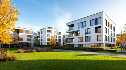 clean, modern residential neighborhood featuring contemporary architecture, lush green lawns, and vibrant trees. scene captures serene atmosphere with well maintained buildings and open spaces.