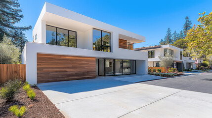 Modern residential neighborhood featuring clean, contemporary house with large windows and sleek design. surrounding area is well maintained, showcasing blend of nature and architecture.