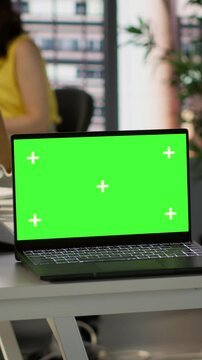 Vertical video Green screen laptop on desk in workspace with admins in background doing software quality assurance. Chroma key notebook in office with woman at work inspecting coding on device, camera