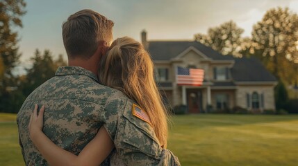 Military Couple Embracing in Front of Home with American Flag