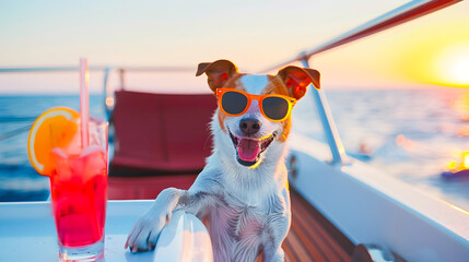 Adorable dog wearing sunglasses has a fun time with a refreshing drink while relaxing on the deck of a yacht against a beautiful sunset seascape