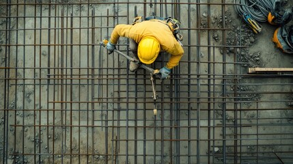 Construction worker bending rebar. This photo shows a construction worker bending rebar to create a strong foundation for a building.