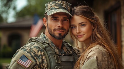 Fototapeta premium Proud Military Couple Embracing in Front of American Flag