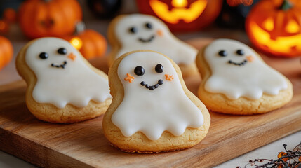 A wooden table with a white ghost cookie on it. The cookie is decorated with black eyes and a smile. There are four other ghost cookies on the table, all of which are decorated similarly
