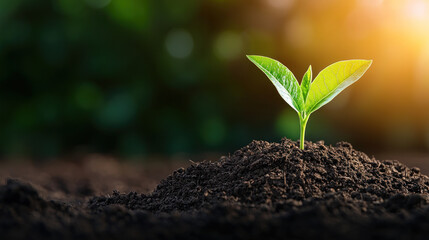 Fototapeta premium young green plant emerges from rich soil, symbolizing growth and sustainability in vibrant, eco friendly environment. sunlight enhances scene, evoking sense of hope and renewal.