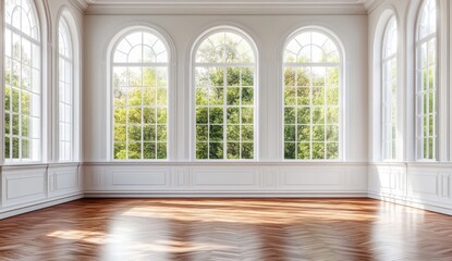 A large room with three windows and a wooden floor
