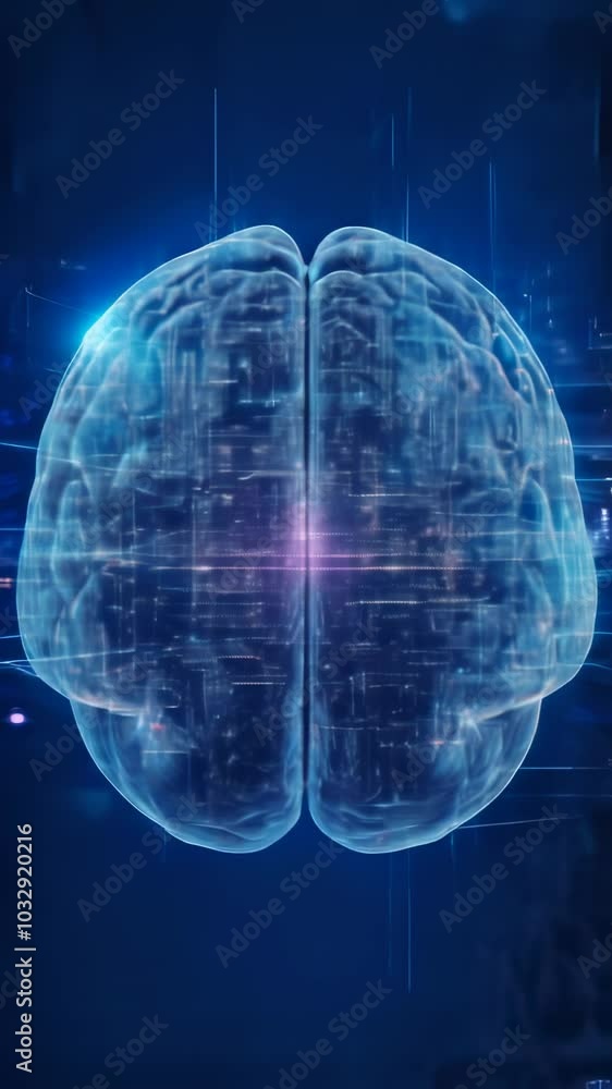 Aufkleber Luminous human brain is glowing on a dark blue background with data streams flowing through it, symbolizing artificial intelligence and machine learning