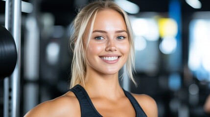 Fototapeta premium Young woman with blonde hair smiles at the camera at the gym.