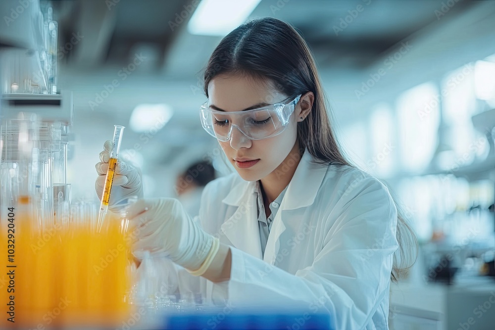 Poster a scientist in a lab coat working with test tubes. this image is perfect for illustrating scientific