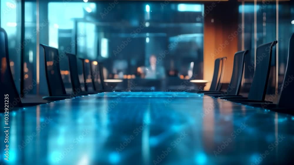 Poster empty conference room with digital display emerging from the surface of the table, suggesting a high