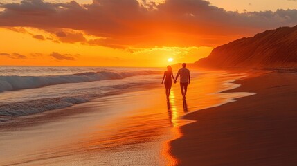 Couple walks hand-in-hand on beach. This photo captures the beauty of a