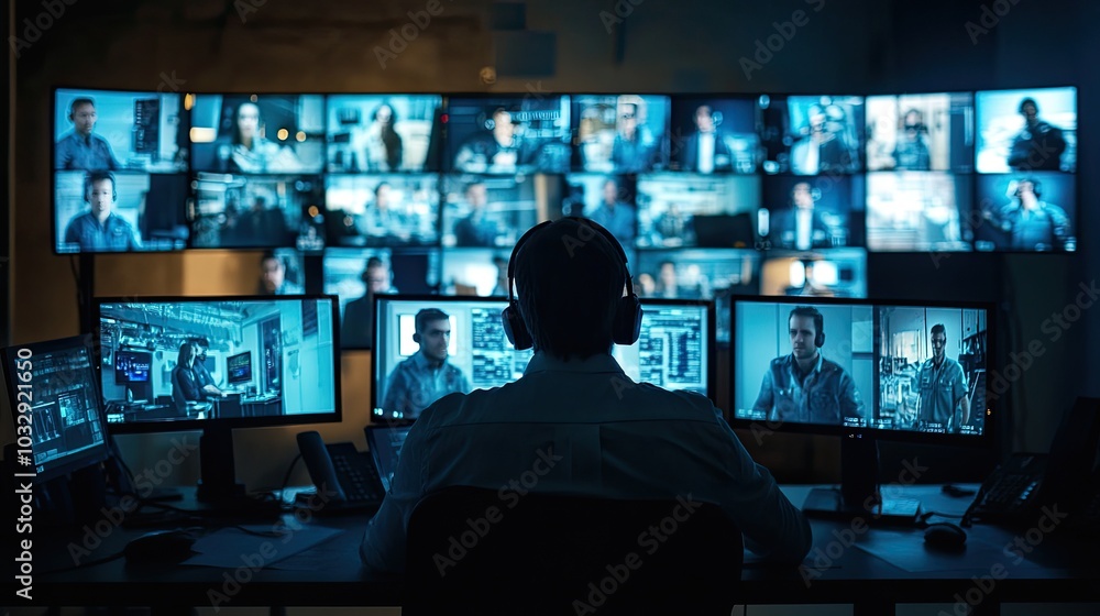 Poster a security guard monitors security cameras. this image is perfect for illustrating security, surveil