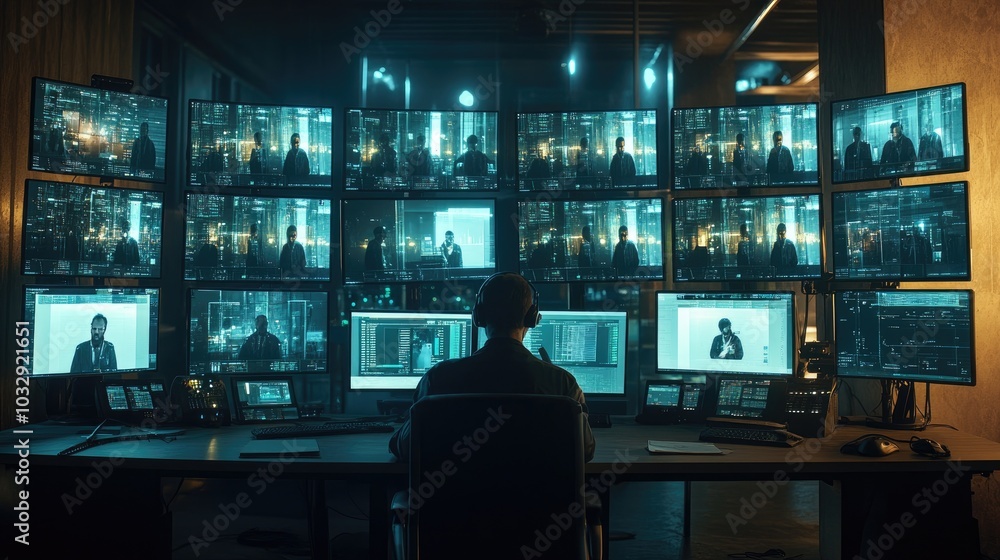 Poster man sits in front of multiple screens. this image is great for depicting a cybersecurity concept.
