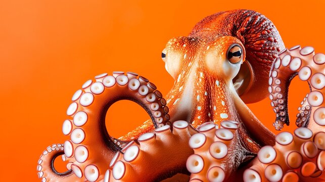Colorful octopus with strikingly vivid tentacles against a bright orange background in an aquarium setting