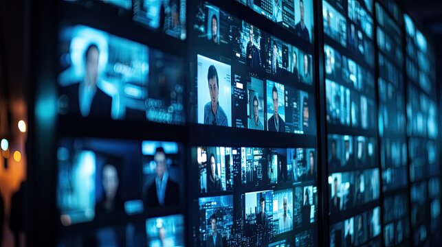 Wall of video screens showing many faces. This image represents modern technology, data, or a digital world.