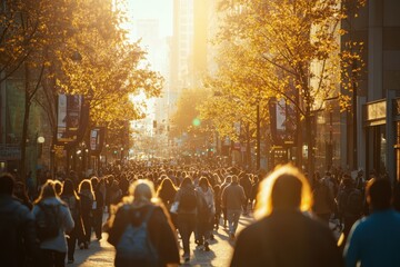 a bustling city street with people walking, illuminated by the golden glow of sunlight filtering...