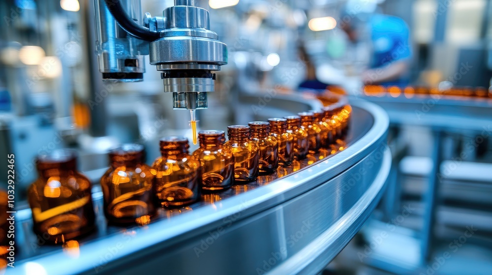 Poster bottles on a conveyor belt in a factory. a machine fills bottles with liquid on a production line.